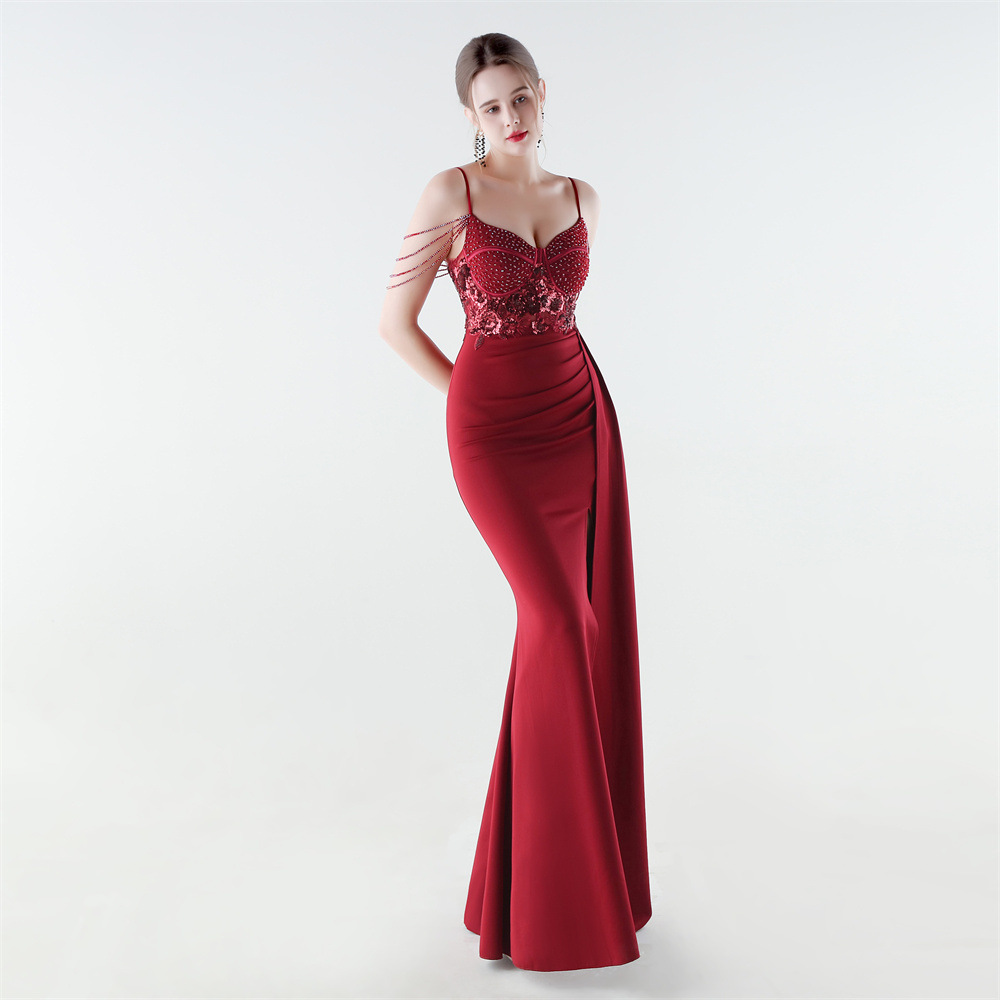 Banquet waist straps slim set beads evening dress
