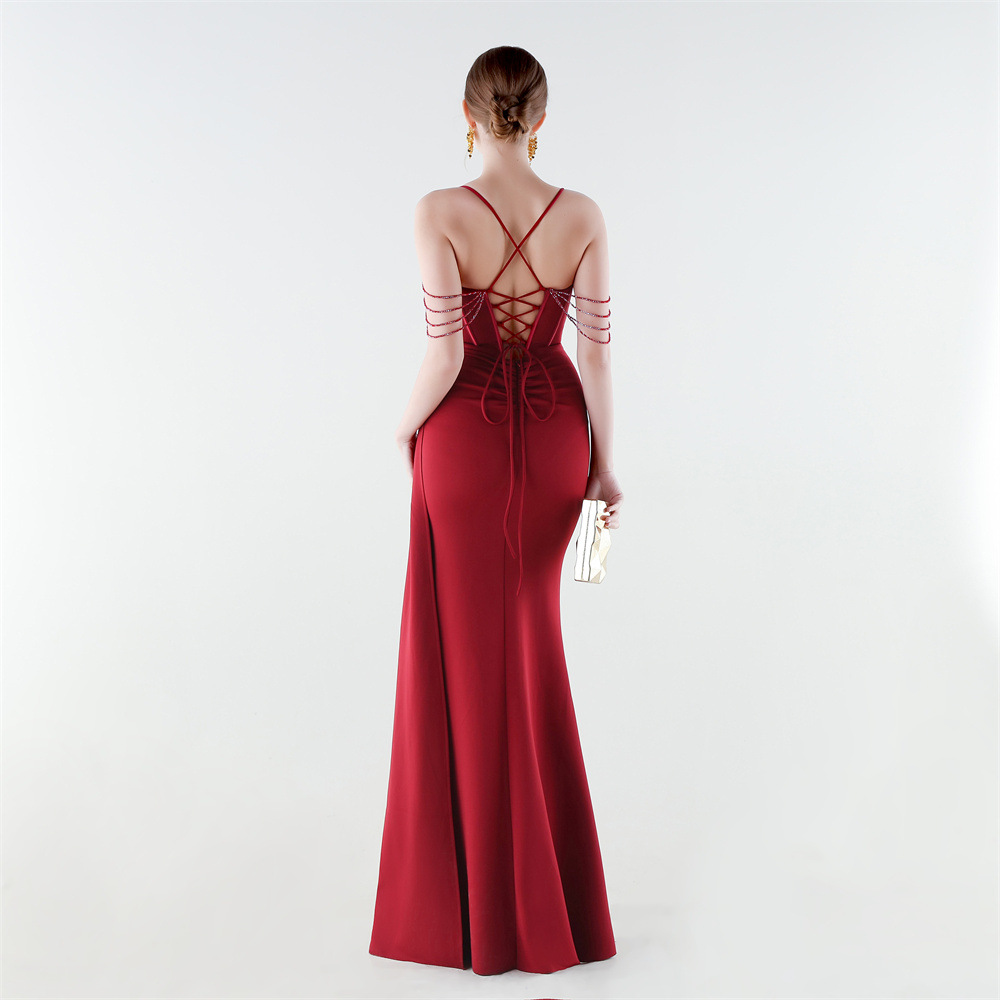 Set beads preside pinched waist banquet evening dress