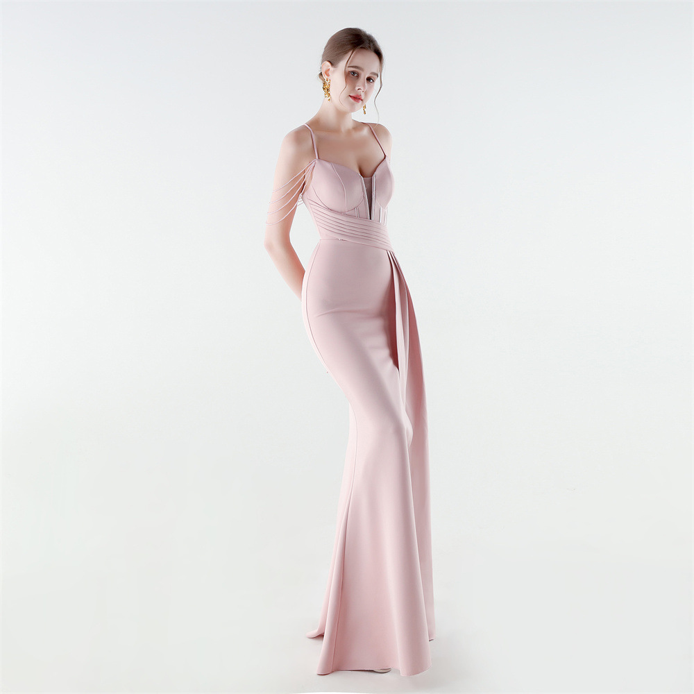 Set beads preside pinched waist banquet evening dress
