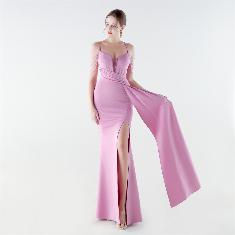 Set beads preside pinched waist banquet evening dress