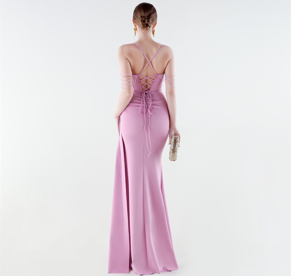 Set beads preside pinched waist banquet evening dress