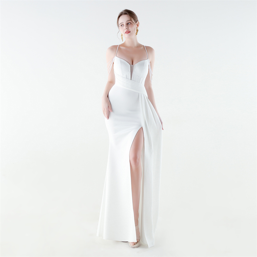 Set beads preside pinched waist banquet evening dress