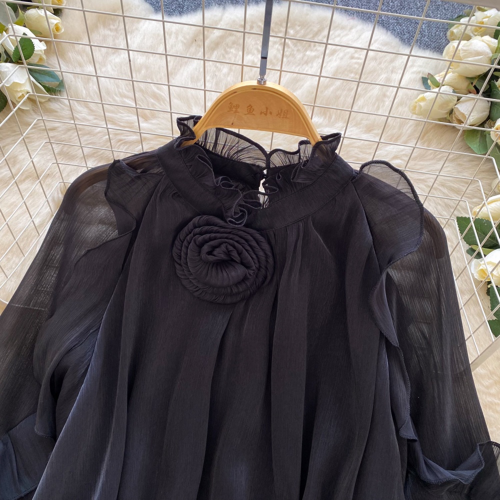 Lantern sleeve crimp shirt commuting gauze tops for women