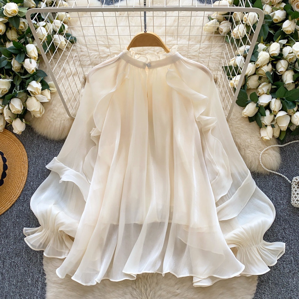 Lantern sleeve crimp shirt commuting gauze tops for women