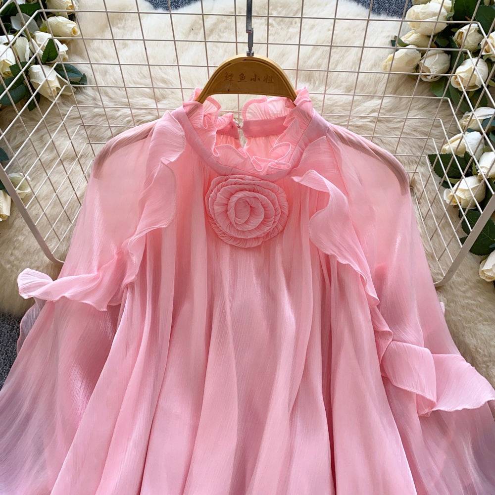 Lantern sleeve crimp shirt commuting gauze tops for women