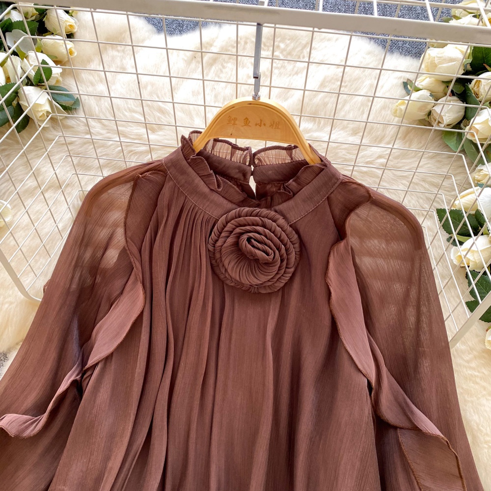 Lantern sleeve crimp shirt commuting gauze tops for women