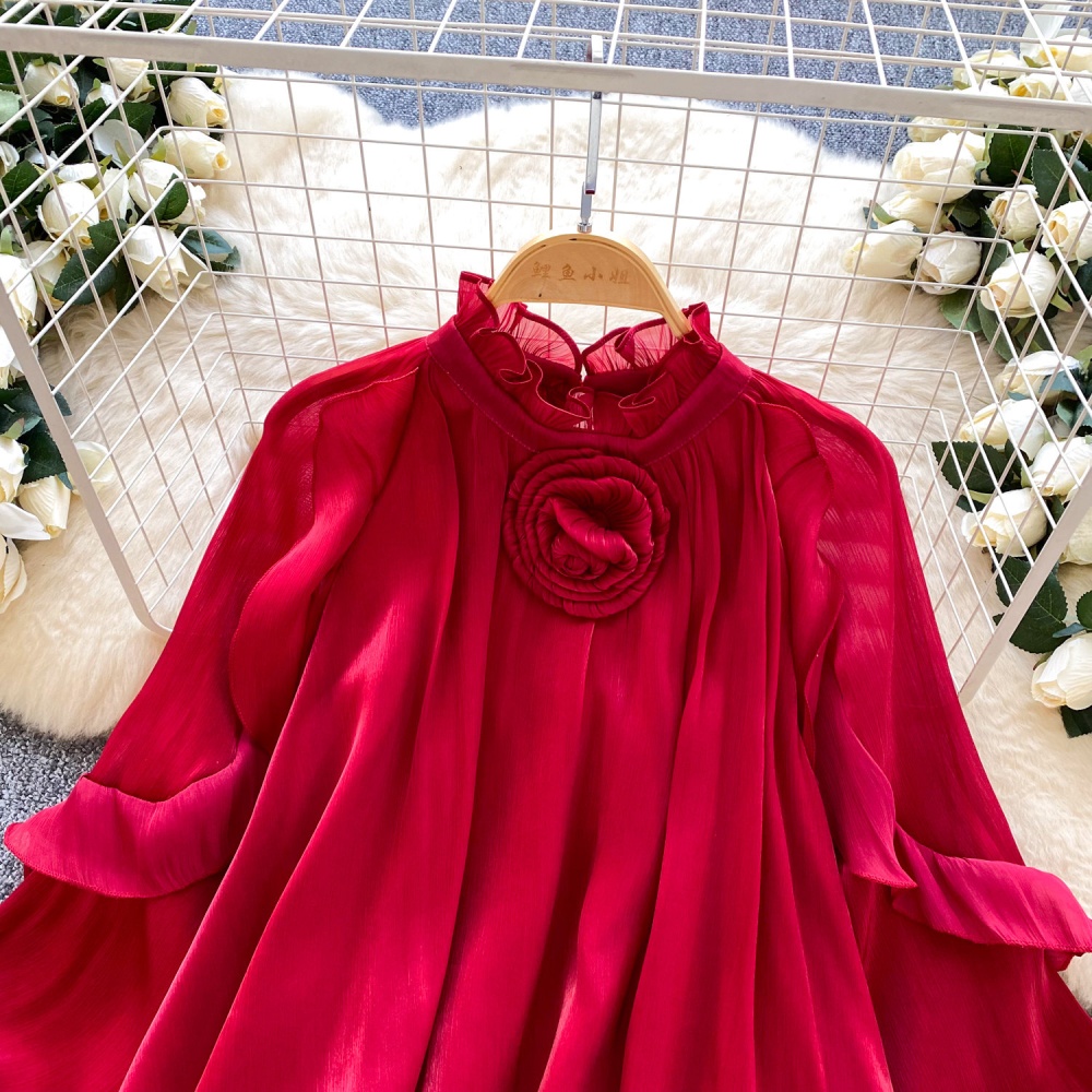 Lantern sleeve crimp shirt commuting gauze tops for women