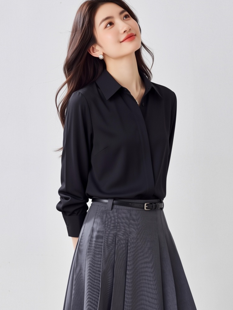 All-match autumn long sleeve spring satin blue shirt for women