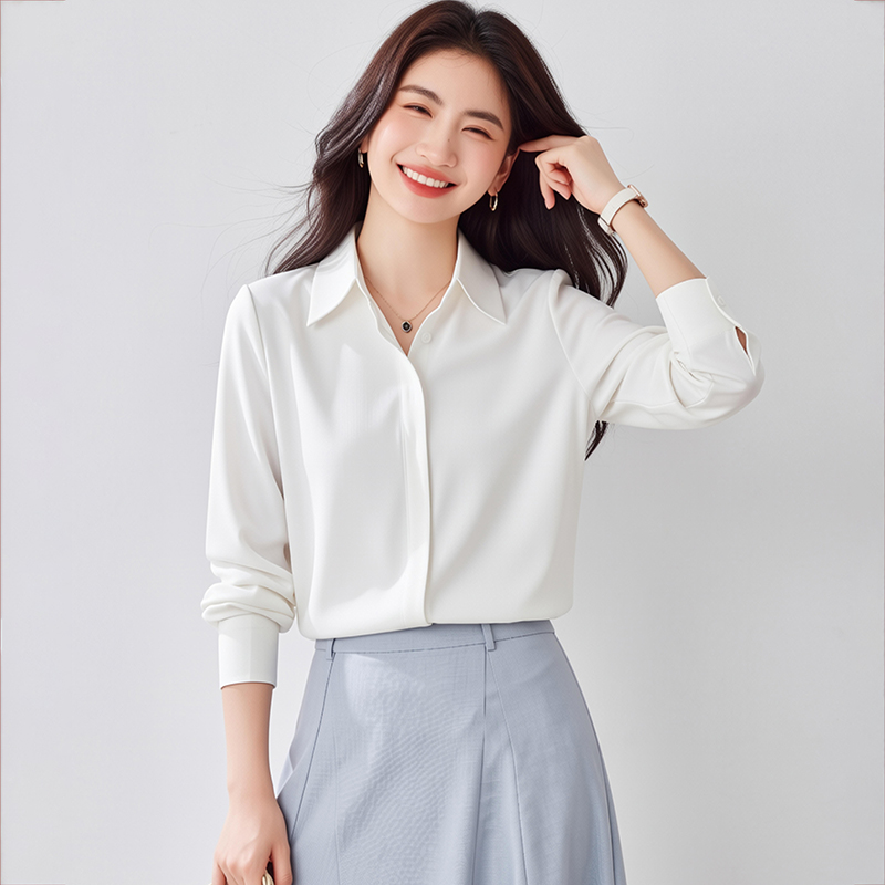 All-match autumn long sleeve spring satin blue shirt for women