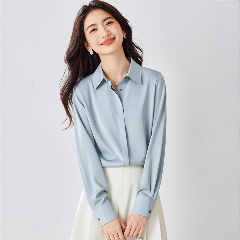 All-match autumn long sleeve spring satin blue shirt for women