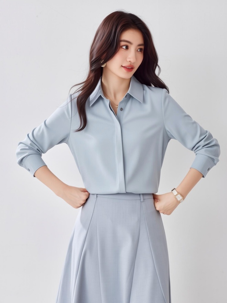 All-match autumn long sleeve spring satin blue shirt for women