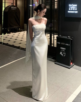 White satin dress banquet long dress for women