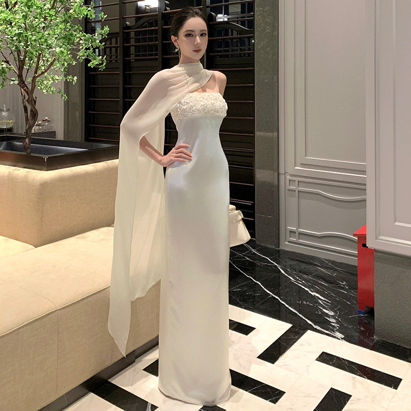 White satin dress banquet long dress for women