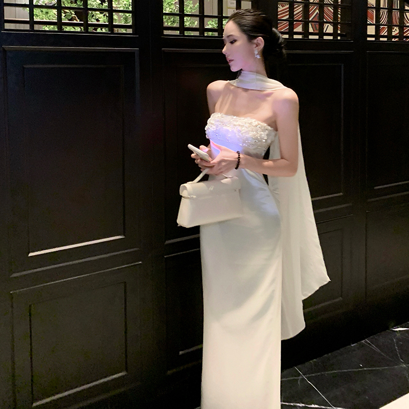 White satin dress banquet long dress for women