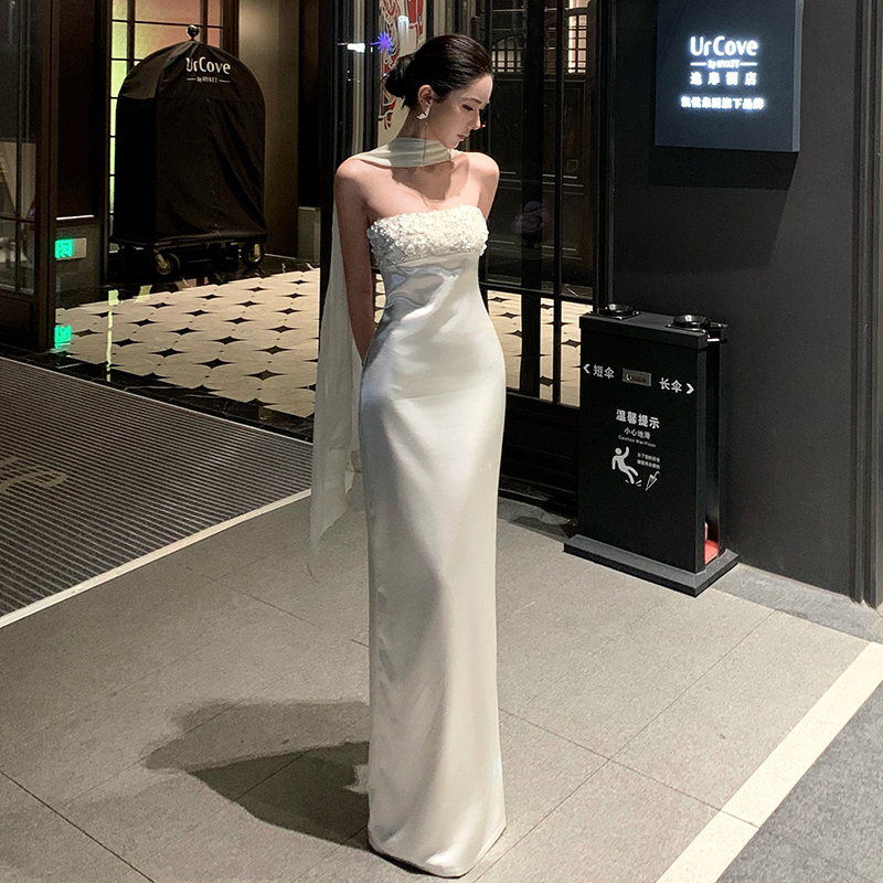 White satin dress banquet long dress for women