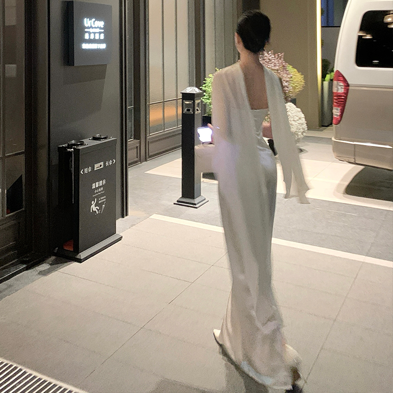 White satin dress banquet long dress for women