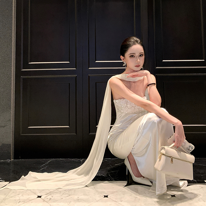 White satin dress banquet long dress for women