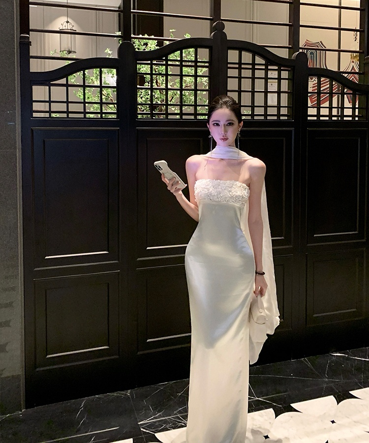 White satin dress banquet long dress for women