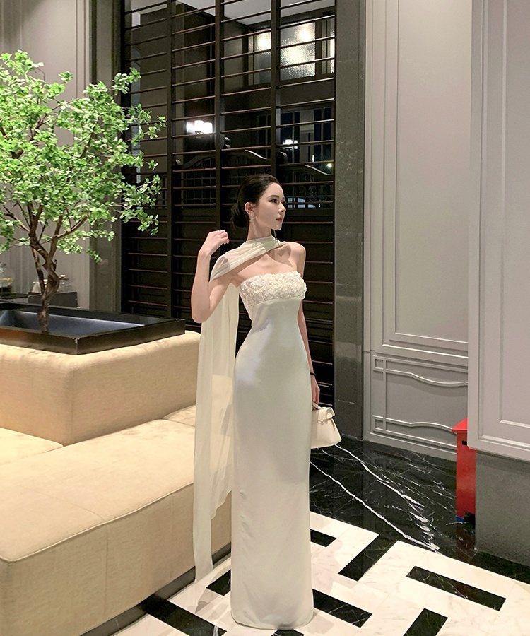 White satin dress banquet long dress for women