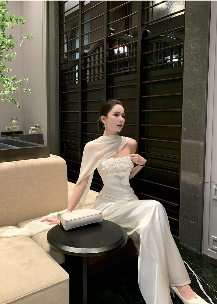 White satin dress banquet long dress for women