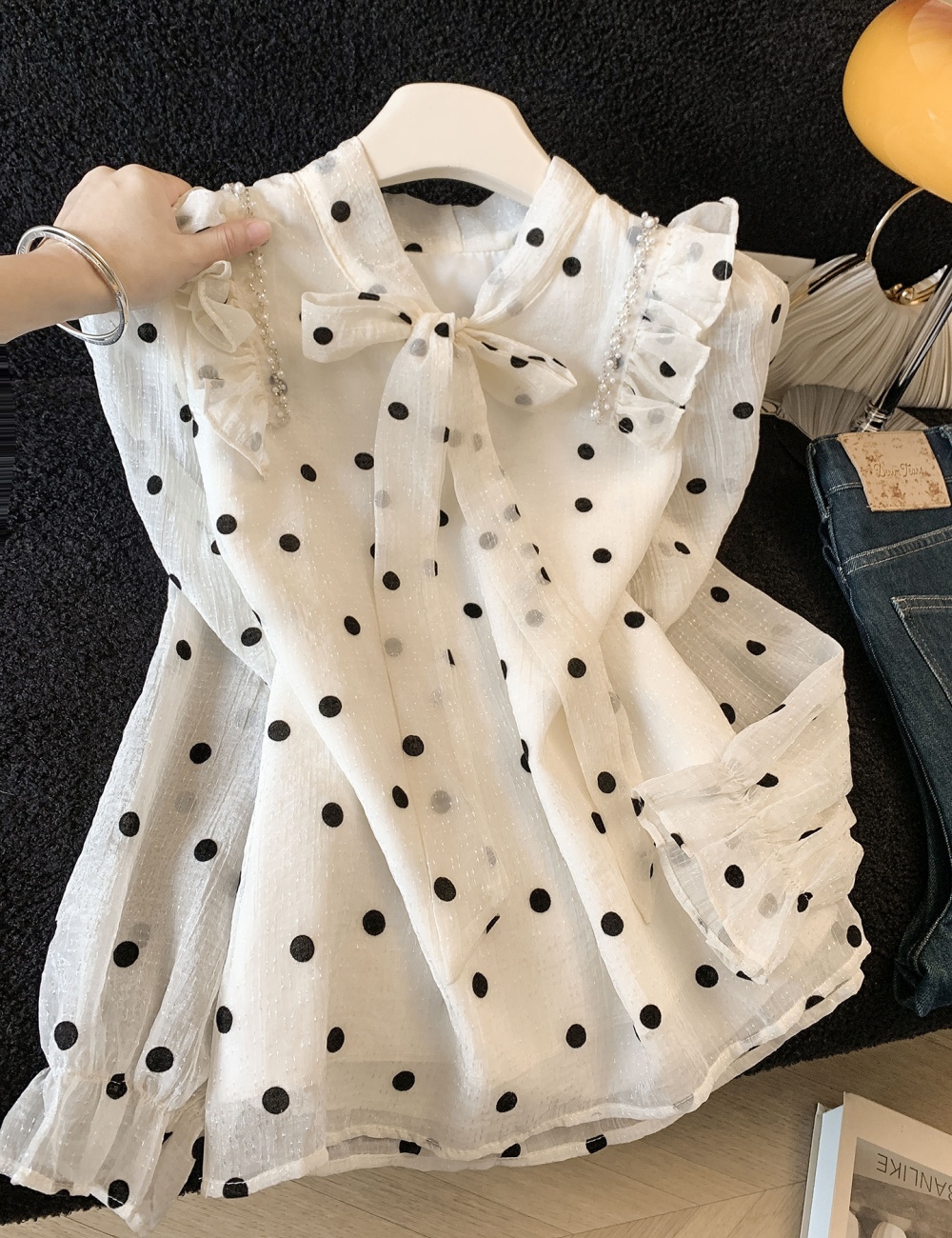 Polka dot bandage shirt chiffon long sleeve tops