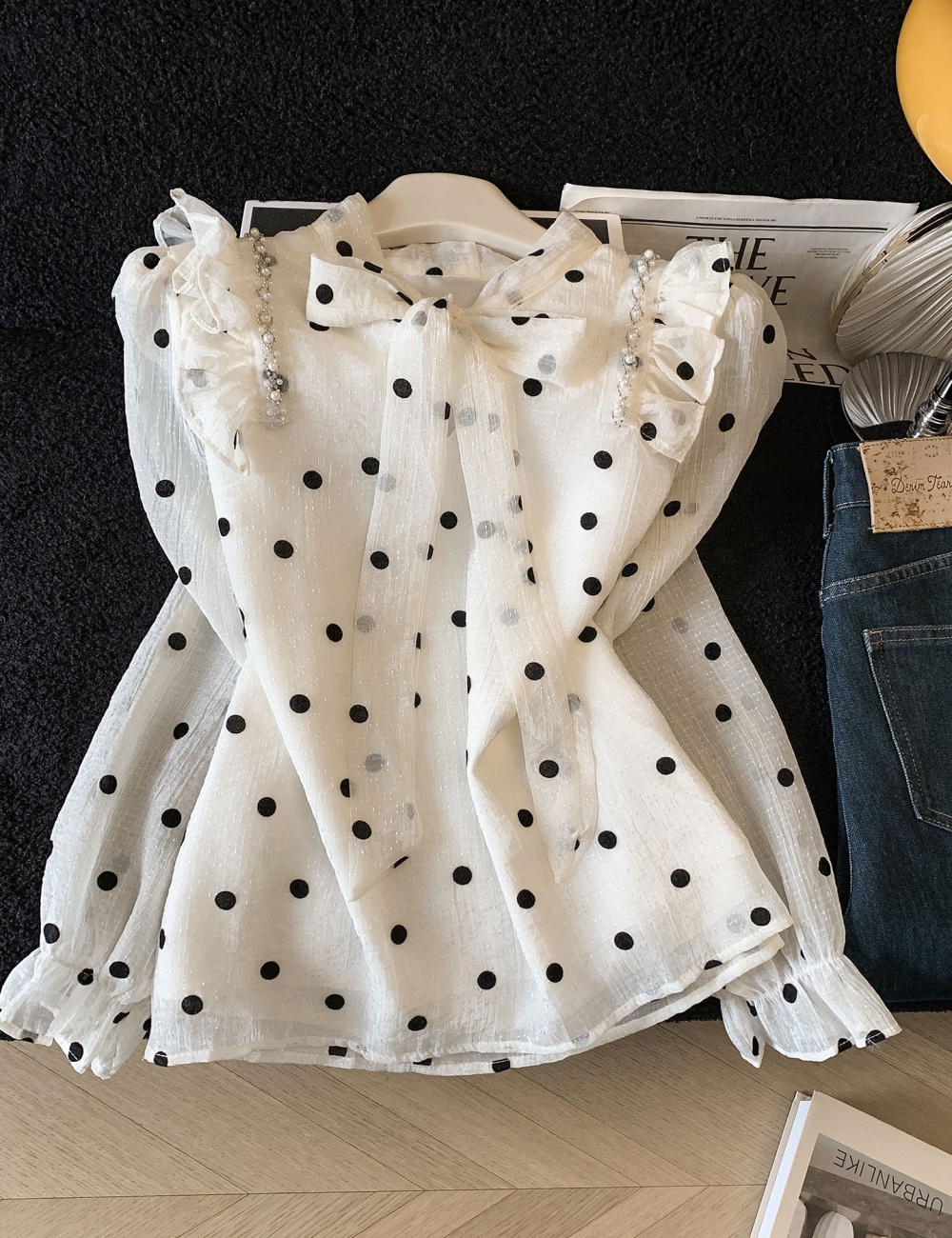 Polka dot bandage shirt chiffon long sleeve tops