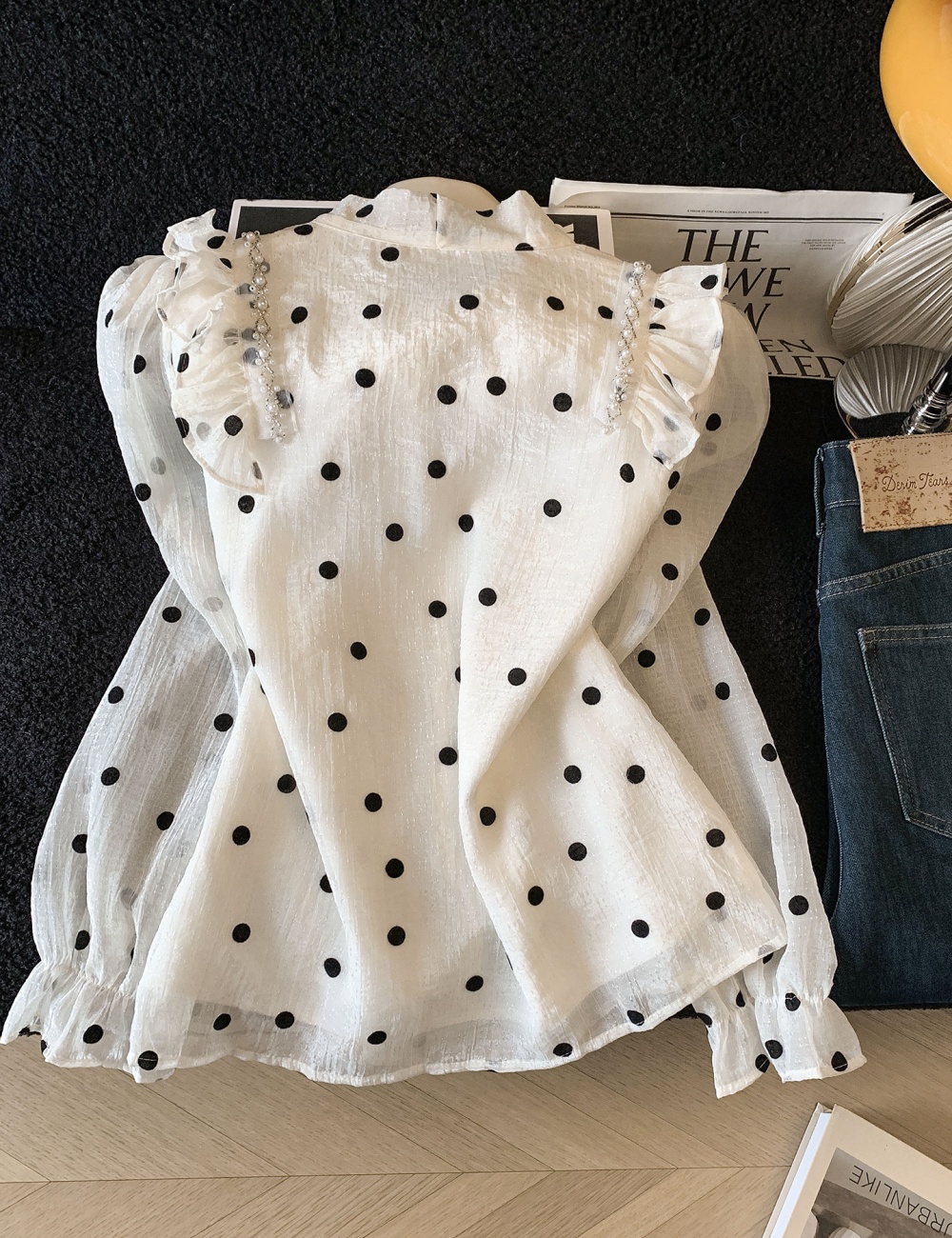 Polka dot bandage shirt chiffon long sleeve tops