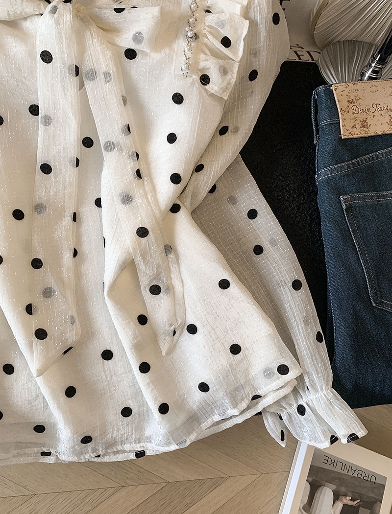 Polka dot bandage shirt chiffon long sleeve tops