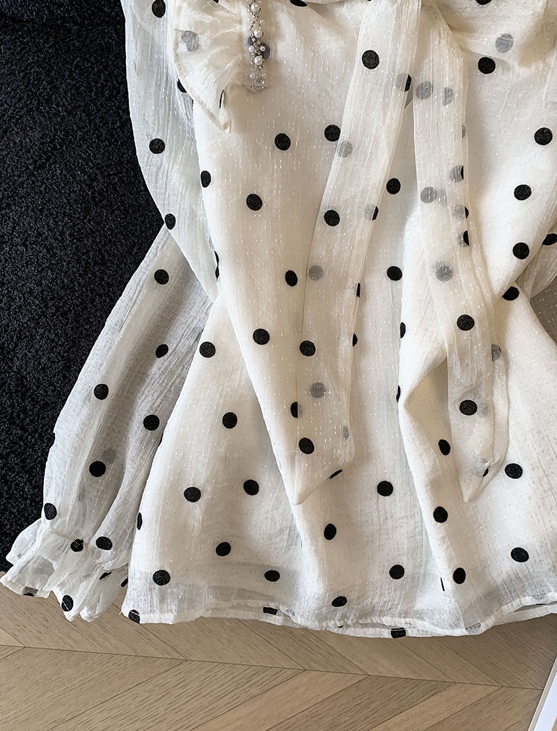 Polka dot bandage shirt chiffon long sleeve tops