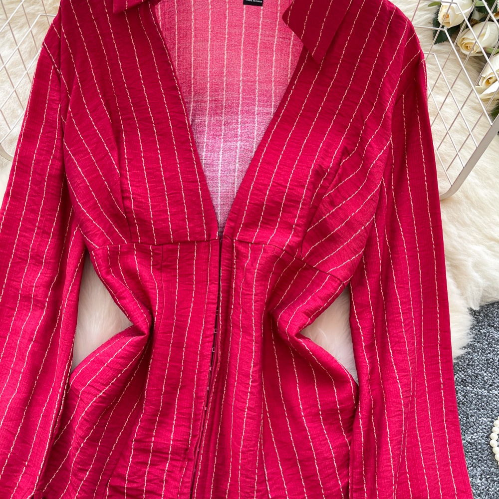 Slim long sleeve tops red France style shirt for women