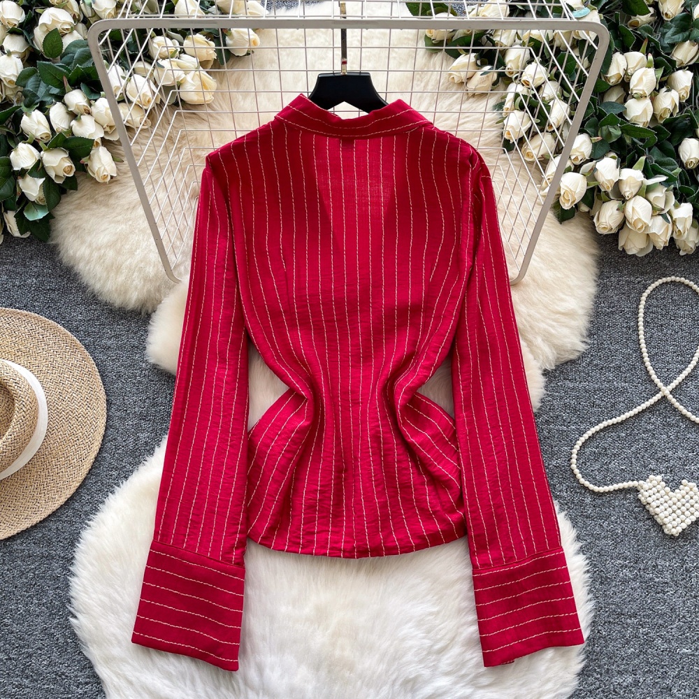 Slim long sleeve tops red France style shirt for women