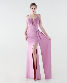 Sequins chain mermaid pinched waist evening dress