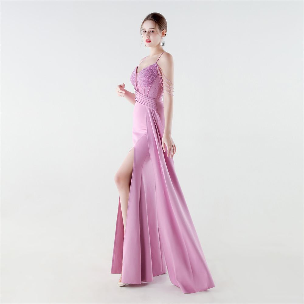 Sequins chain mermaid pinched waist evening dress