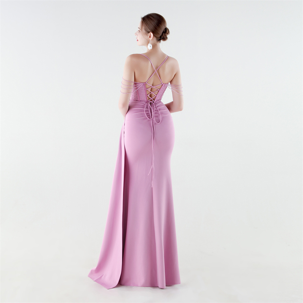 Sequins chain mermaid pinched waist evening dress