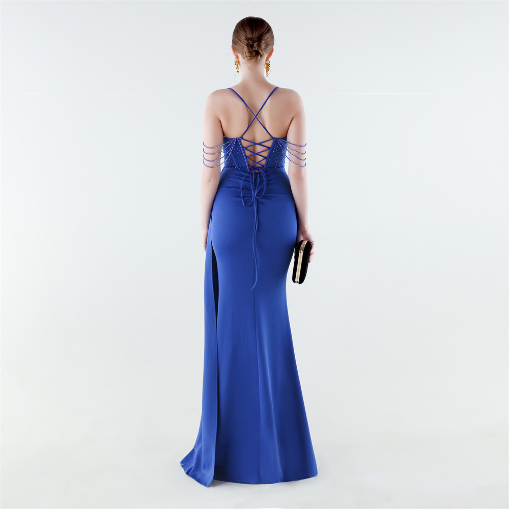 Sequins chain mermaid pinched waist evening dress
