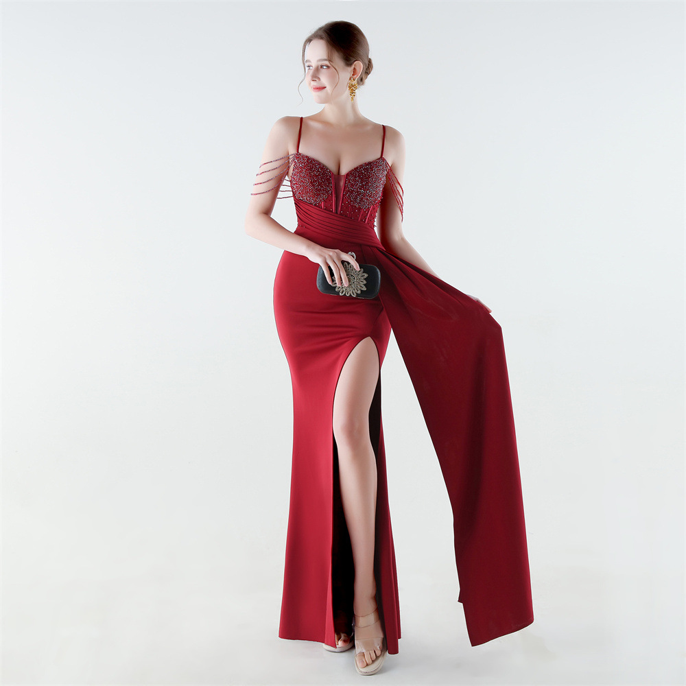 Sequins chain mermaid pinched waist evening dress