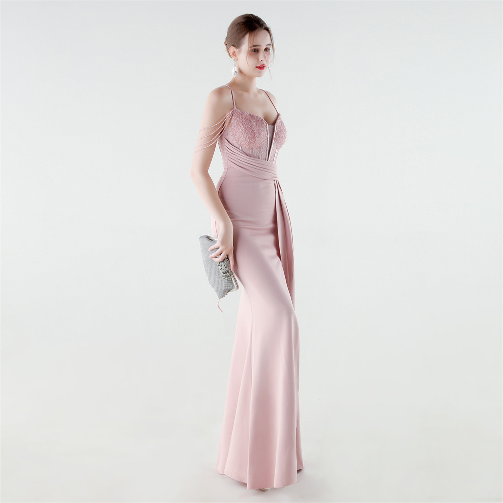 Sequins chain mermaid pinched waist evening dress