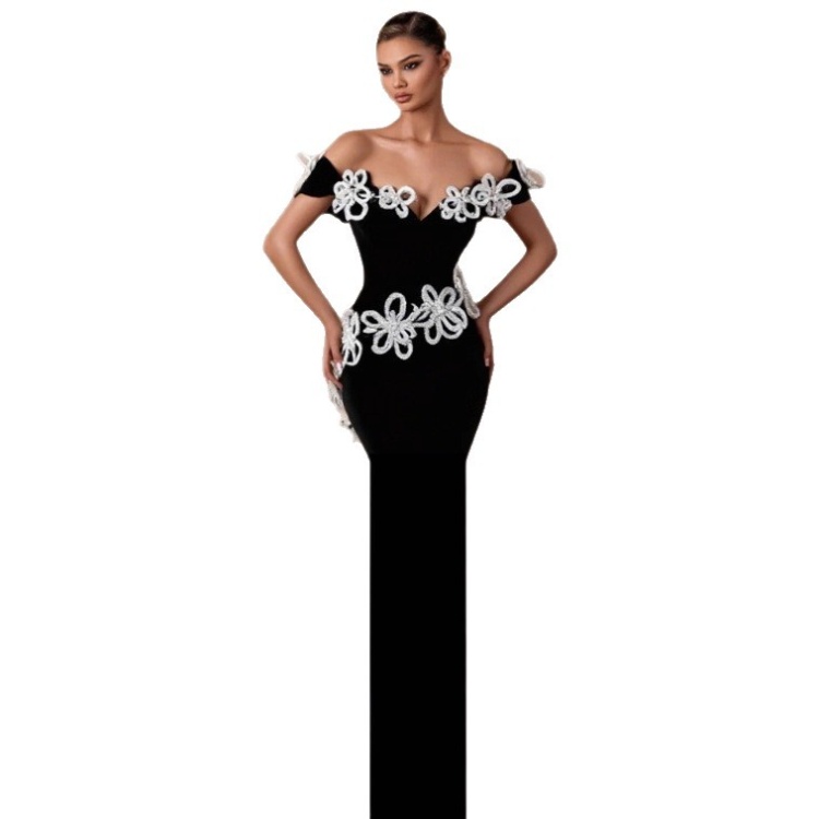 Fashion V-neck dress slim flowers decoration formal dress