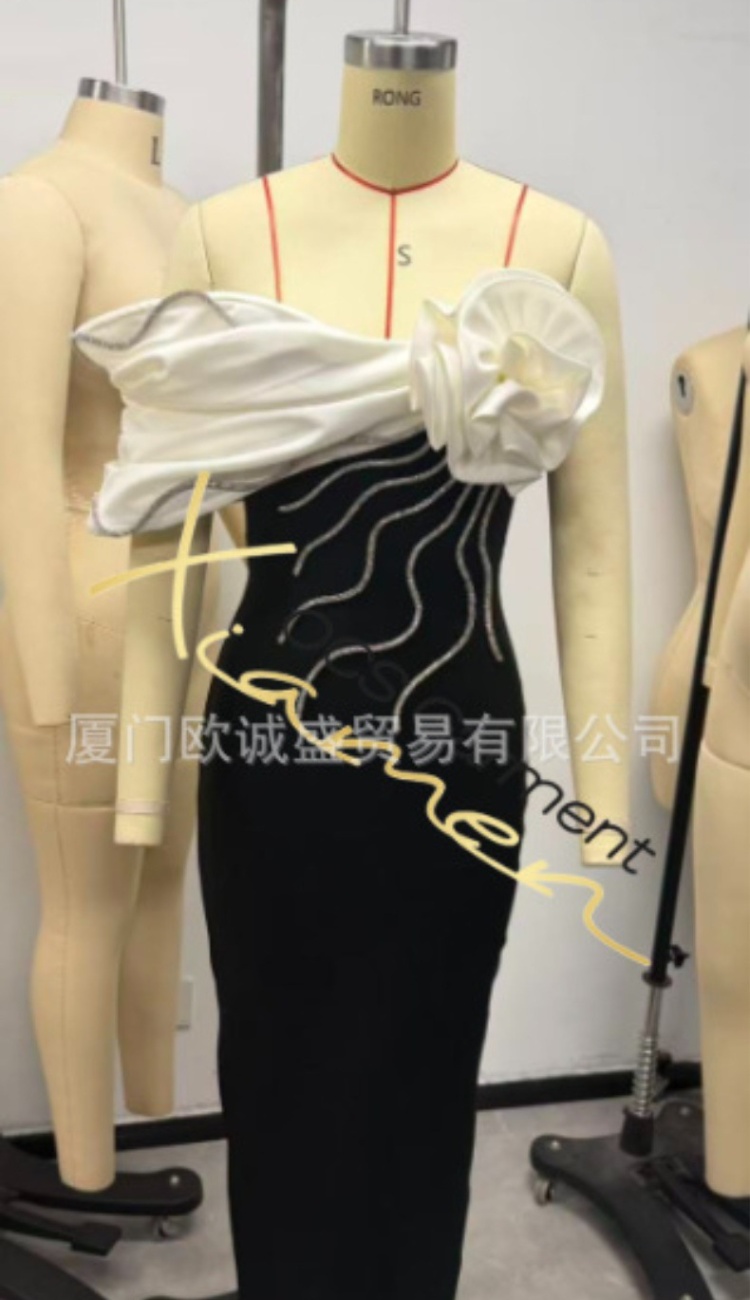 Black-white bandage formal dress stereoscopic big flower dress