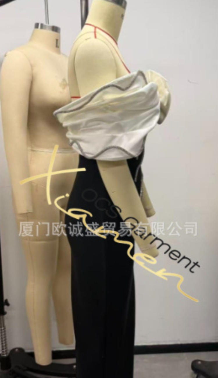 Black-white bandage formal dress stereoscopic big flower dress