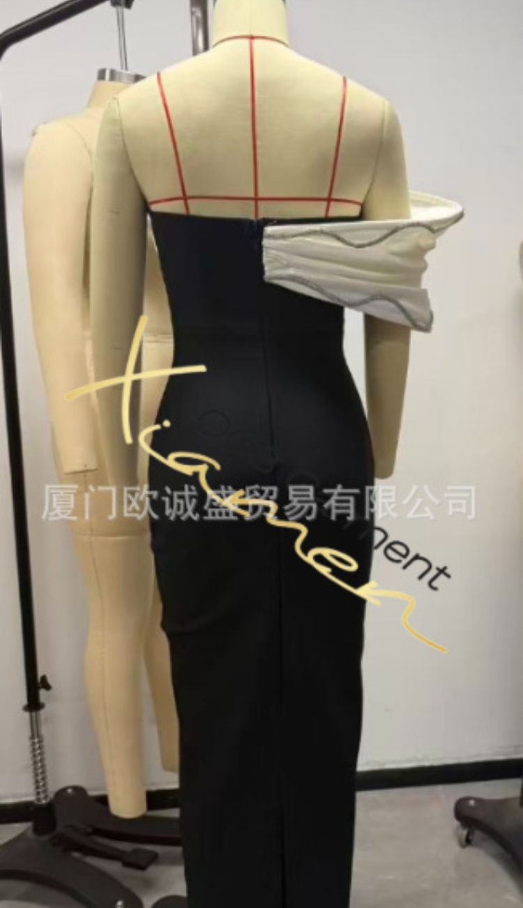 Black-white bandage formal dress stereoscopic big flower dress