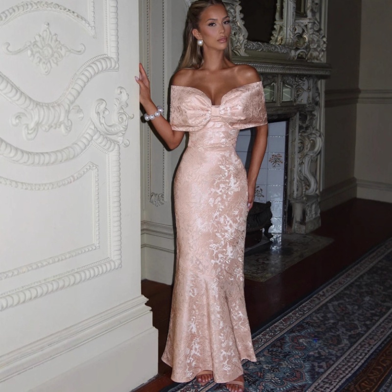 Bow elegant jacquard wrapped chest evening dress