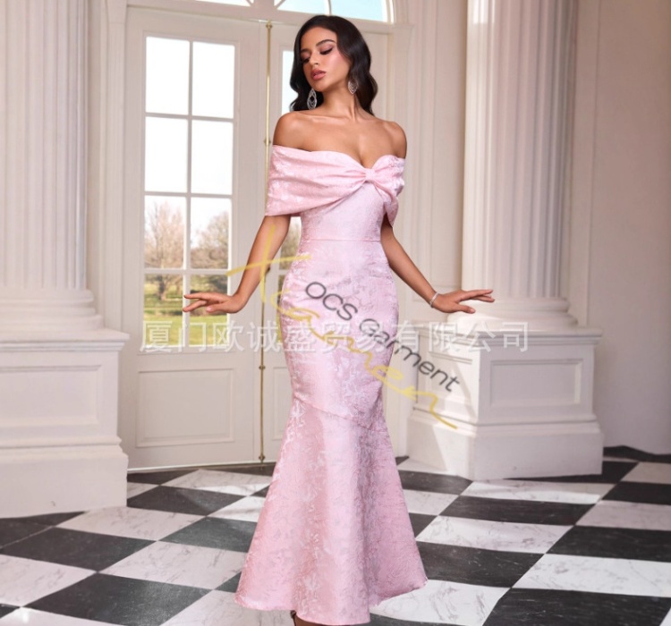 Bow elegant jacquard wrapped chest evening dress