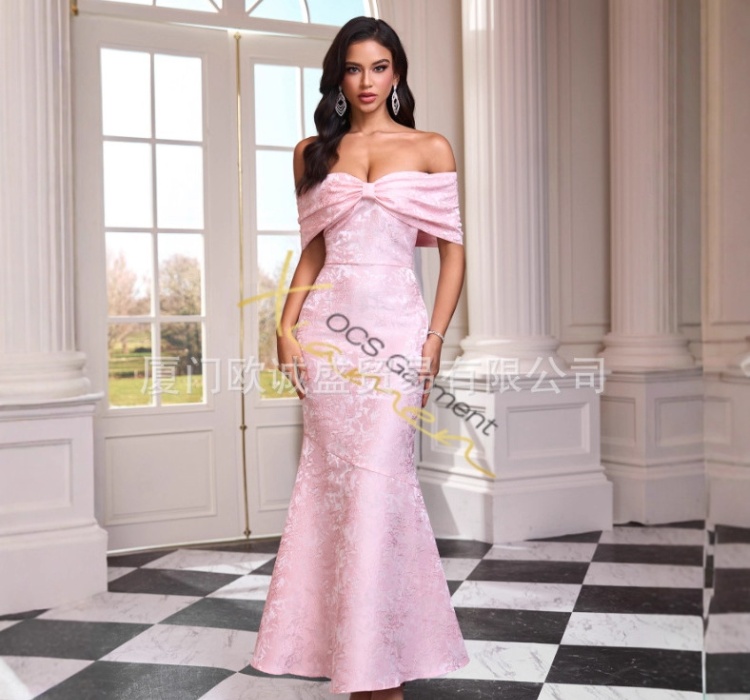 Bow elegant jacquard wrapped chest evening dress