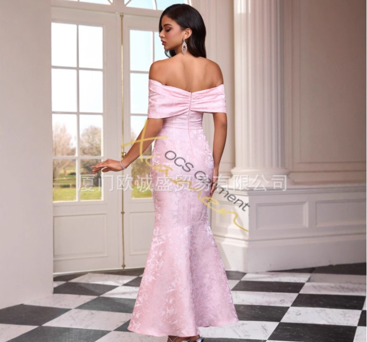 Bow elegant jacquard wrapped chest evening dress
