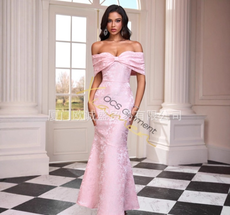 Bow elegant jacquard wrapped chest evening dress