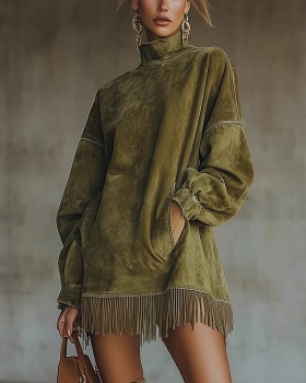 Long sleeve pocket suede retro tassels loose dress