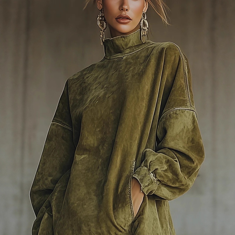 Long sleeve pocket suede retro tassels loose dress