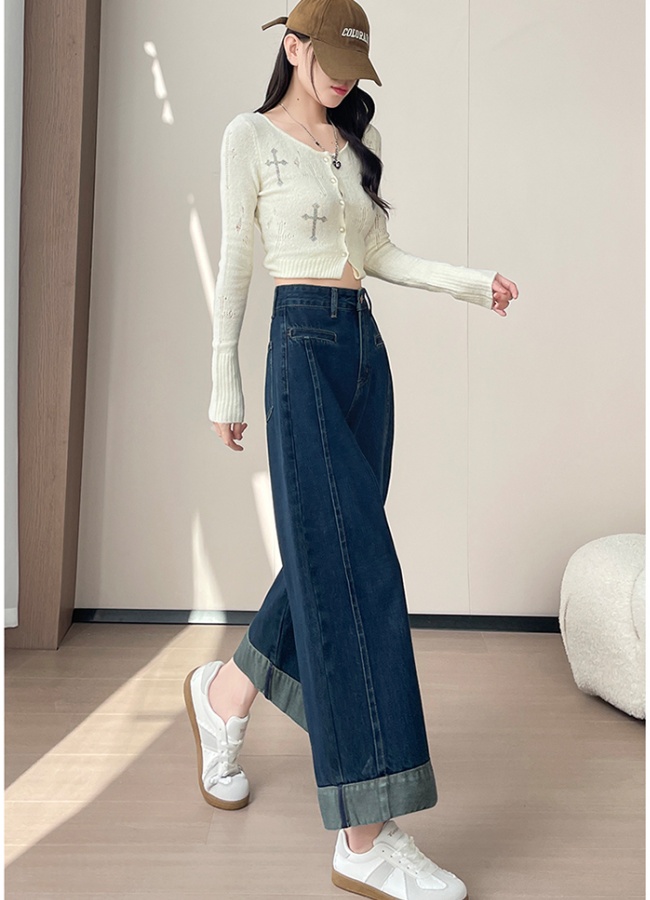 Splice spring loose nine pants crimping high waist jeans