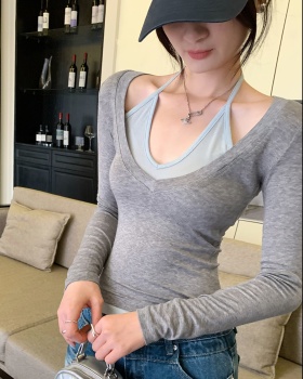 Pseudo-two long sleeve tops spring T-shirt for women
